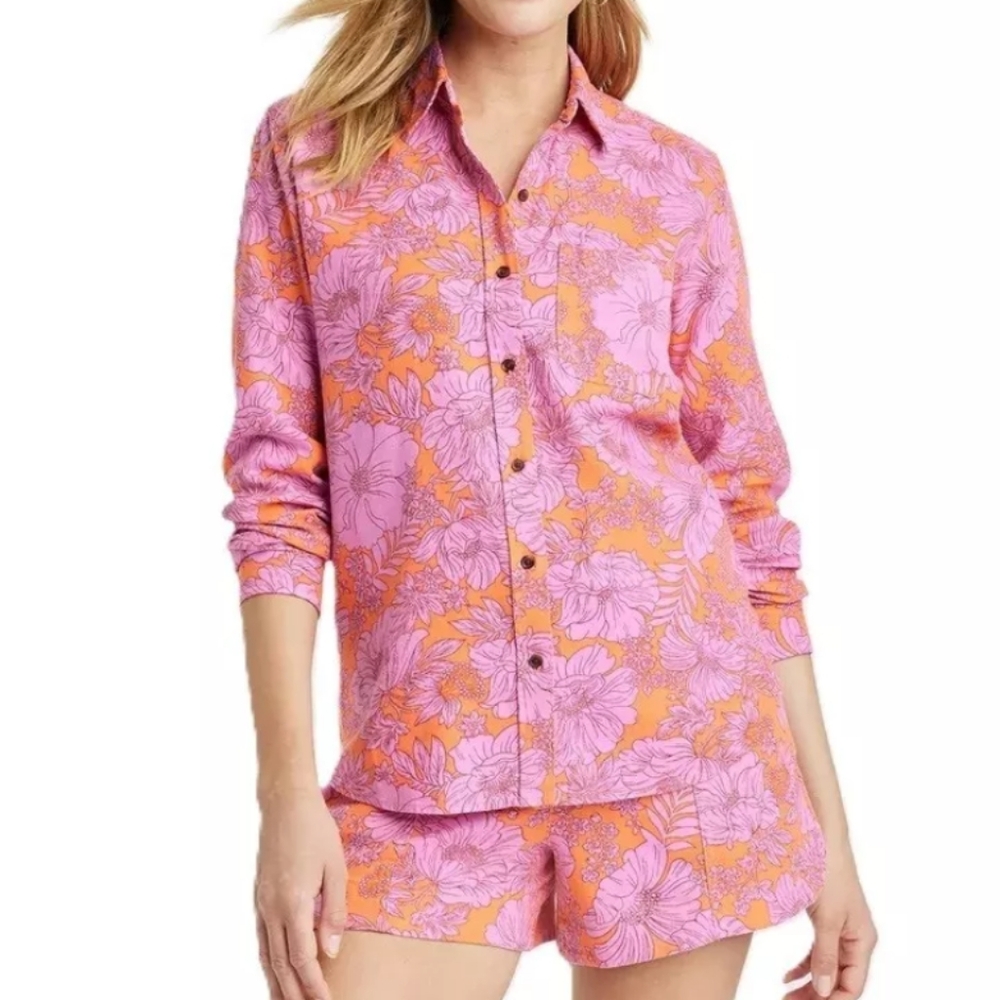 Universal Thread Floral Linen Blend Relaxed Fit Button Shirt Womens L Pink